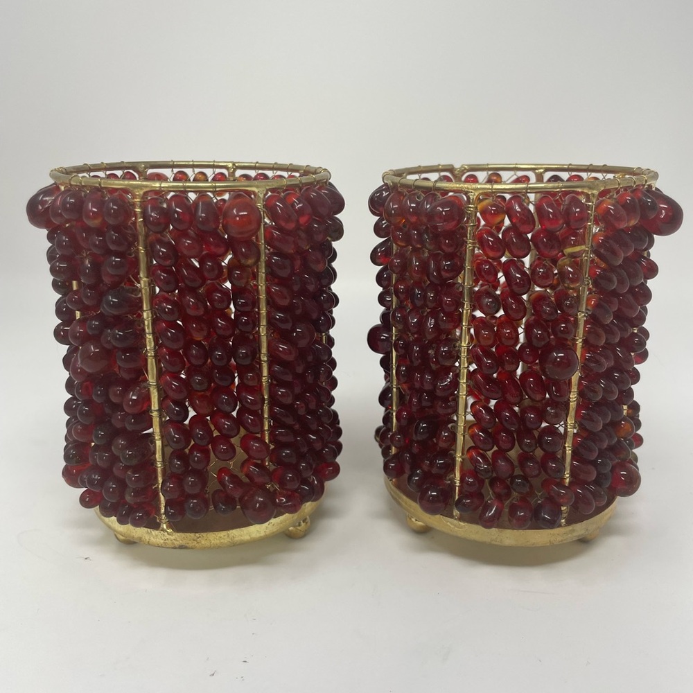 Pottery Barn Red Glass Bead Brass Votive Candle Holders Set of 2